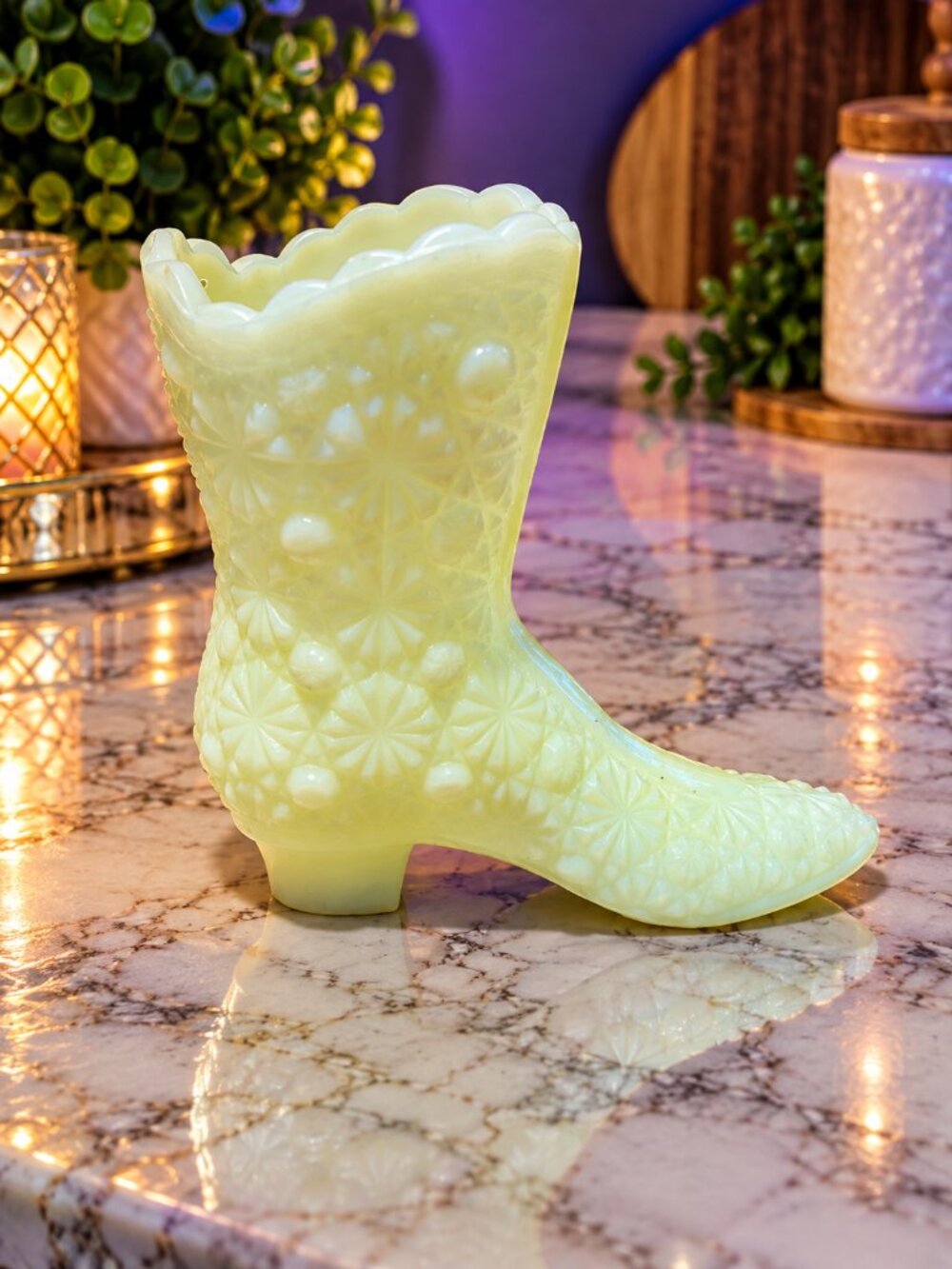 VTG Fenton Custard Uranium Glass Boot Figurine - Daisy and Button